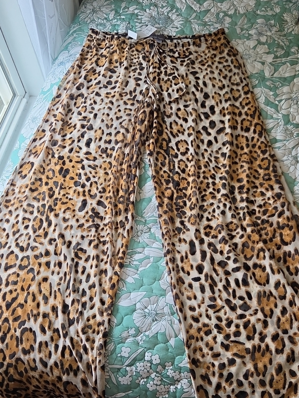 Womens Leopard Print Wide-Leg Mesh Lounge Pants -